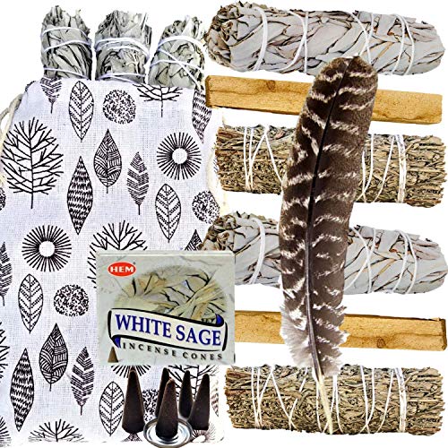 Sage Kit - 9 Spiritual Smudge Kit Gifts for Cleansing: White Sage & Blue Sage Bundles, Palo Santo, Sage Incense, Smudge Feather - Smudge Sticks Bulk (9 ITEM Smudging Variety Pack, XL Shaman Bag Set)