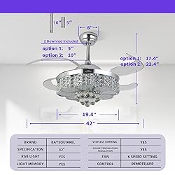 BAYSQUIRREL Retractable Crystal Ceiling Fan with