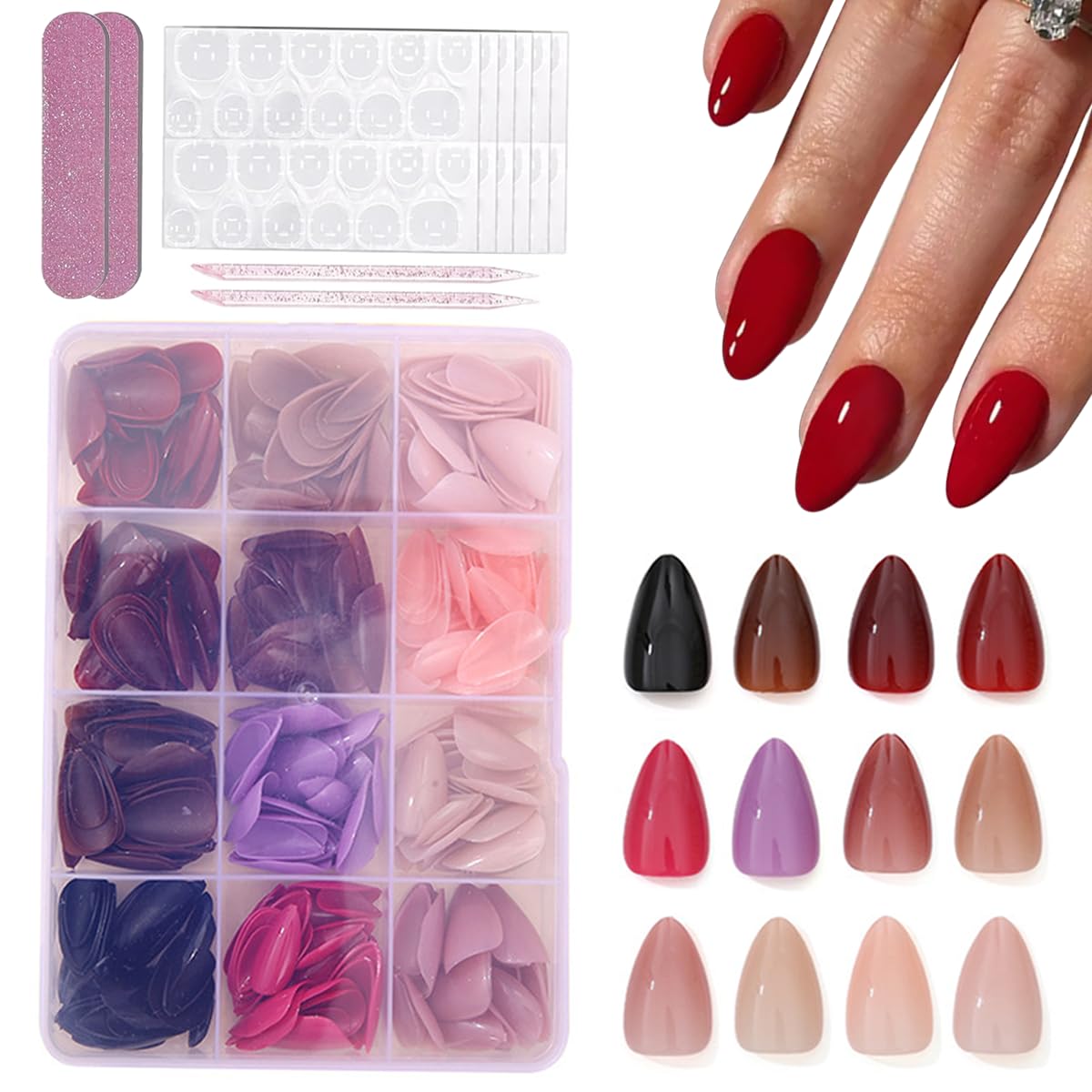Photo 1 of 360Pcs Press On Nails Short Almond Fake Nails Solid Color False Nails Press Ons Set Full Cover Acrylic Glue on Nails Reusable Glossy Artificial Nail Kit for Women Girls Manicure