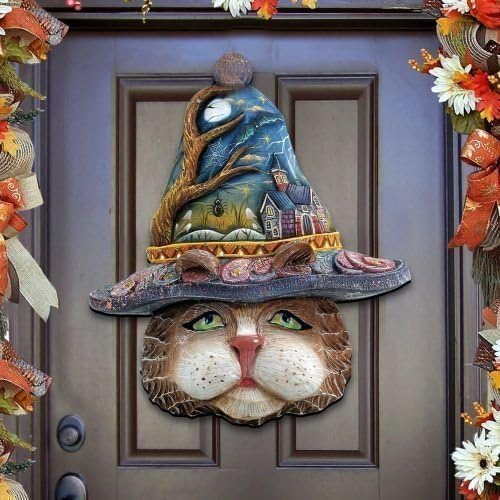 G.DeBrekht Halloween Cat Mask Indoor and Outdoor Wooden Fall Halloween Hanging Door Decorations and Wall Sign, For Home, School, Office, Haunted House, Party Decorations #8161039H