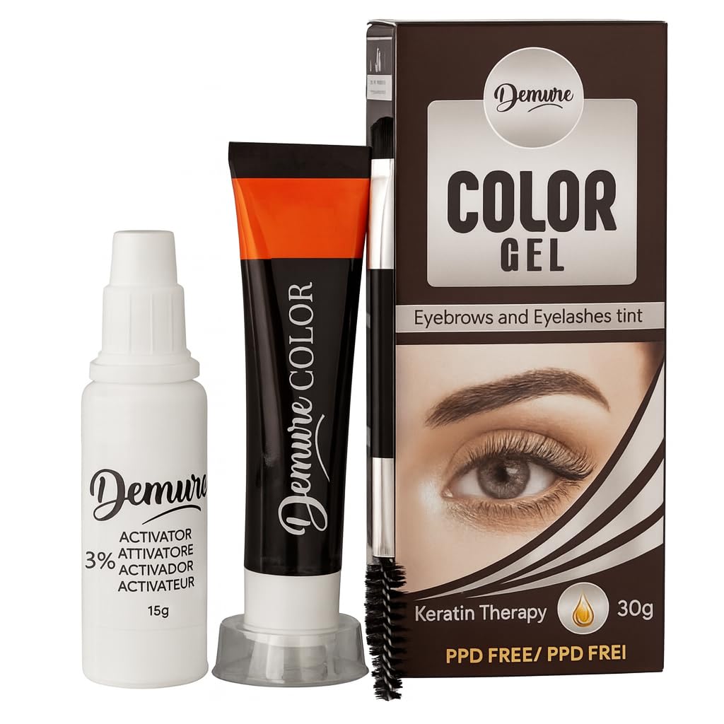 Demure Color Gel Eyelash and Eyebrow Tint, PPD Free, Ammonia Free, up to 30 Applications, up to 4 Weeks Lasting Effect, Lash and Brow Dye Kit with Keratin (3.0 Brown/Dark Brown)