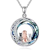POPLYKE Cat Celtic Necklace Sterling Silver Two Cats with Sister on the Moon Pendant Necklace Blue Circle Crystal Jewelry Gifts for Her Women