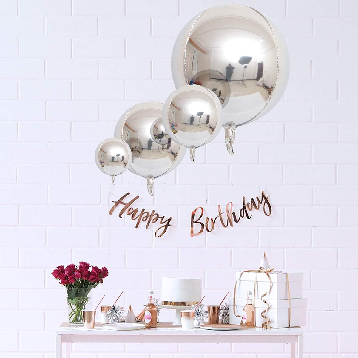Eanjia 4D Round Foil Balloons 7" 14" 16" 22" Silver Metallic Balloons Hangable Silver Orb Balloons for Shiny Birthday Decorations Silver Wedding Baby Shower Decoration Graduation Balloons Garland Kit Decor