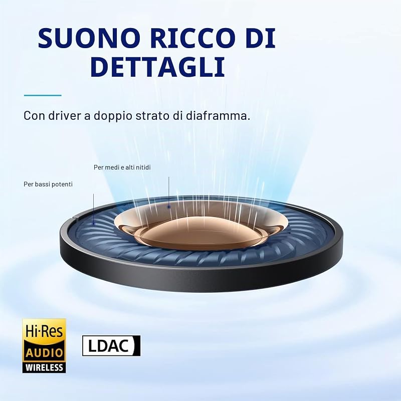 by Anker Space A40 auricolari bluetooth con Cancellazione Rumore Attiva Adattiva, Riduzione del Rumore fino al 98%, 10 Ore di riproduzione in singolo, Suono Hi-Res, Design comodo, App