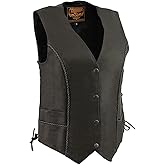 Milwaukee Leather MLL4560 Women's Black Premium Leather Classic Braided Side Lace Deep V-Neck Motorcycle Rider Vest