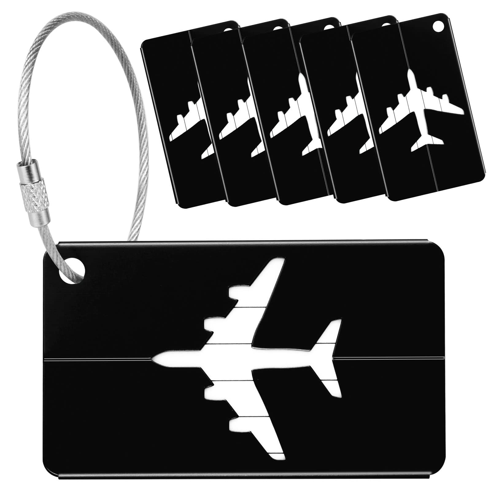 Yizhet Luggage Tags for Suitcases, 6 Pack Luggage Labels Aluminium Alloy Suitcase Tags with Steel Loop for Travel Baggage Identity ID Labels (Black)