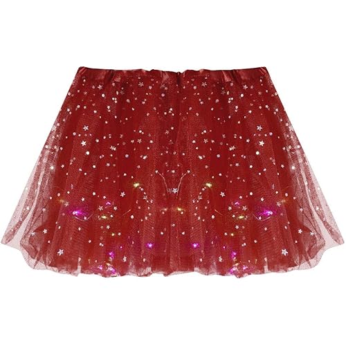 Joyionier Skirts Women Star Sequins Mesh Pleated Tulle Princess Skirt with LED Small Bulb Skirt