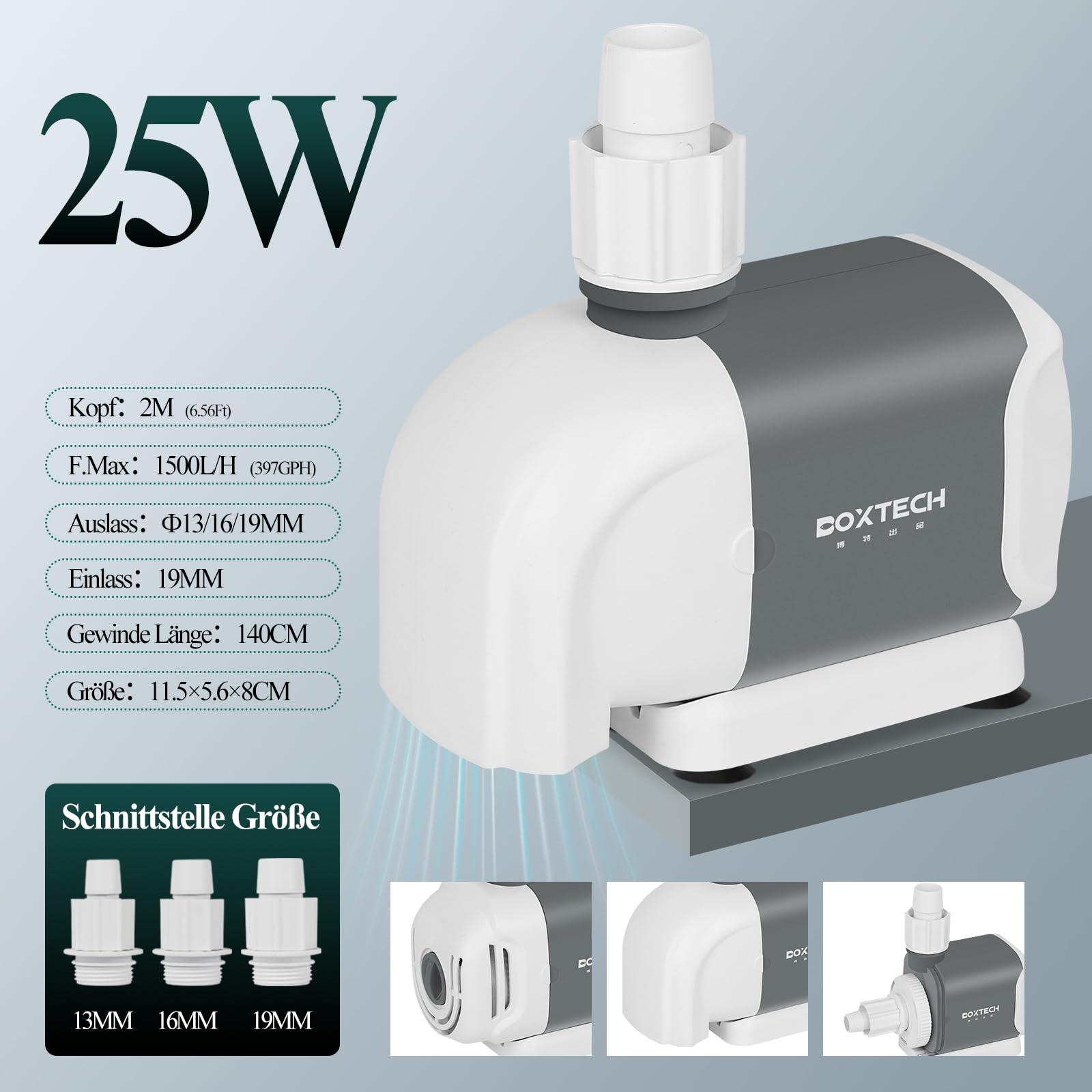 Boxtech Aquarium Tauchpumpe 25W-1500L/H,Wasserpumpe für Aquarien,Förderpumpe Aquarienpump mit 3 Düse 7