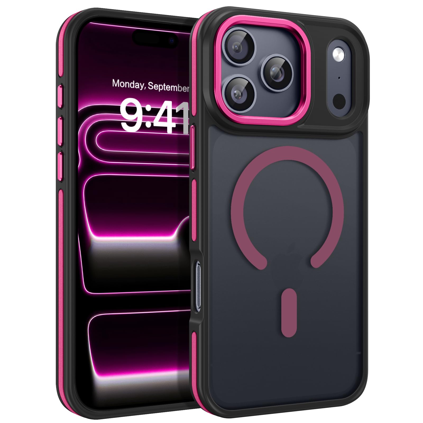 BENTOBEN Magnetic for iPhone 17 Pro Max Case 2025 [Compatible with Magsafe] [Military-Grade Protection] Matte Women Men Anti-Slip Shockproof Bumper Phone Cases for 17 Pro Max 6.9", Hot Pink/Black