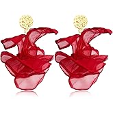 JOONL Bohemian Long Fabric Flower Tassel Lightweight Dangle Earrings Handmade Chiffon Petal Floral Fringe Stud Earrings for Women