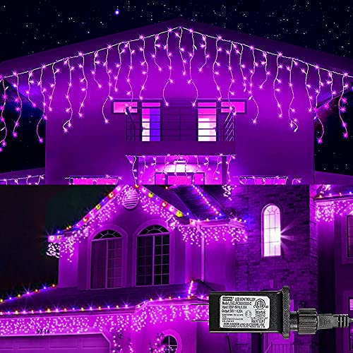 Dazzle Bright 360 LED Christmas Icicle String Lights, Light Up Christmas Decorations 8 Modes Fairy Lights for Outside Garden Patio Holiday Party (Purple)