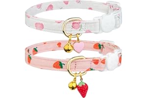 2 Pack Cotton Breakaway Cat Collars with Bells, Cotton Breakaway Cat Collar Pink Strawberries and White Heart Shaped Pendant 