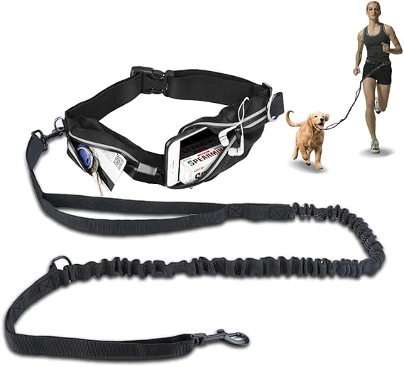 Waist Leash Hands Free Dog Leash Waist Belt With Shock Absorbing Bungee & Storage Pouch - Double Rope Black Reflective Running Leash For Dogs