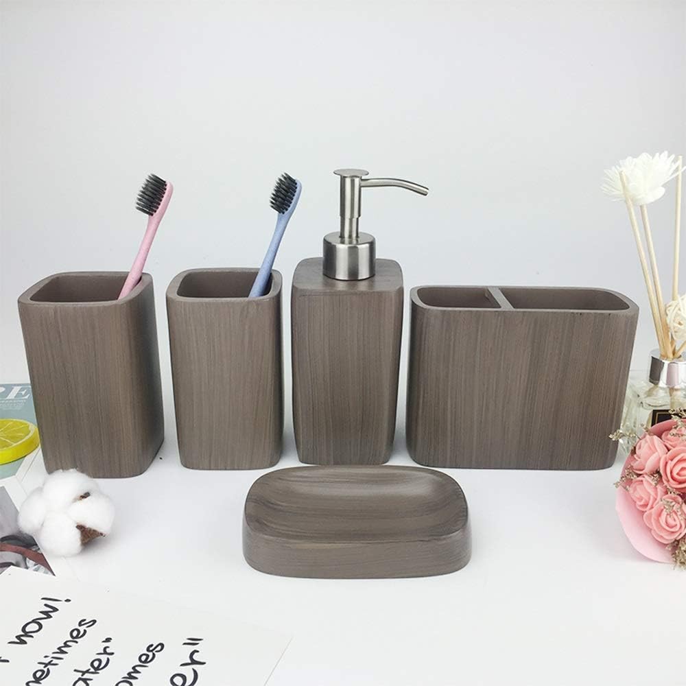 LOSYU Bathroom Accessory Sets 6pcs, European Simple Resin Toiletries Organiser, Toothpaste Rack Soap Dispenser Toothbrush Holder Soap Dish Brushing Cup (Color : Gray, Size : No tray)