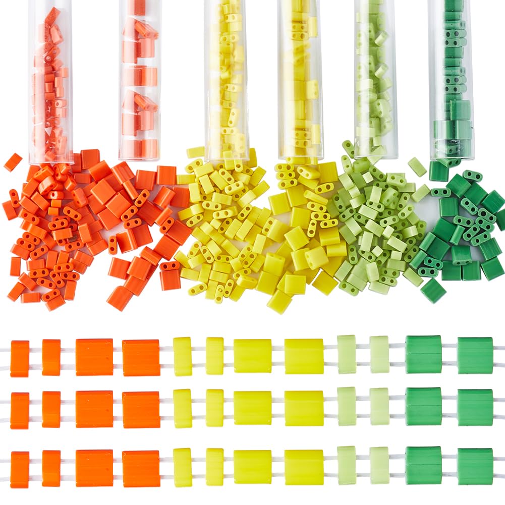 CREATCABIN 600Pcs 2 Hole Half Tila Beads 6 Styles Mix Glass Seed Beads Rectangle Mini Opaque Flat Square With Plastic Container for Craft Bracelet Necklace Earring Jewelry Making Orange Yellow Green