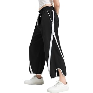 PPONE Women's Baggy Wide Leg Track Pants, Lightweight Y2K Contrast Stripe Lounge Workout Travel Pants with Drawstring Pockets