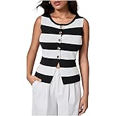 MakeMeChic Women's Striped Vest Button Down Colorblock Split Sleeveless Business Top