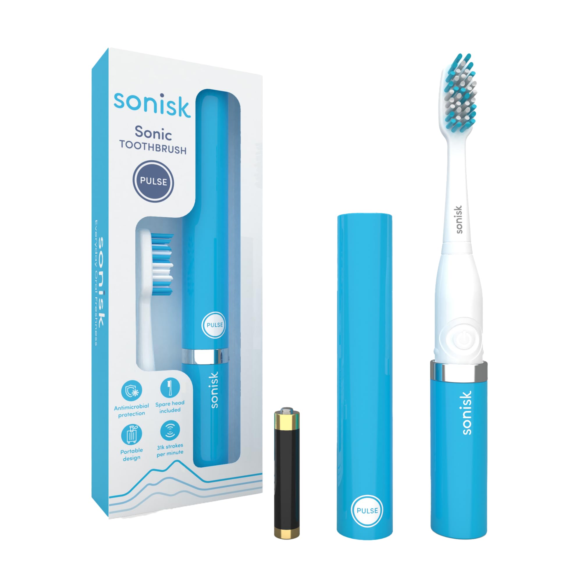 Sonisk Pulse | Battery Powered Electric Toothbrush | Portable Travel Size with Antimicrobial Sonic Technology | 1x Battery, 2X Brush Heads, 1x Travel Case Included (Brilliant Blue)