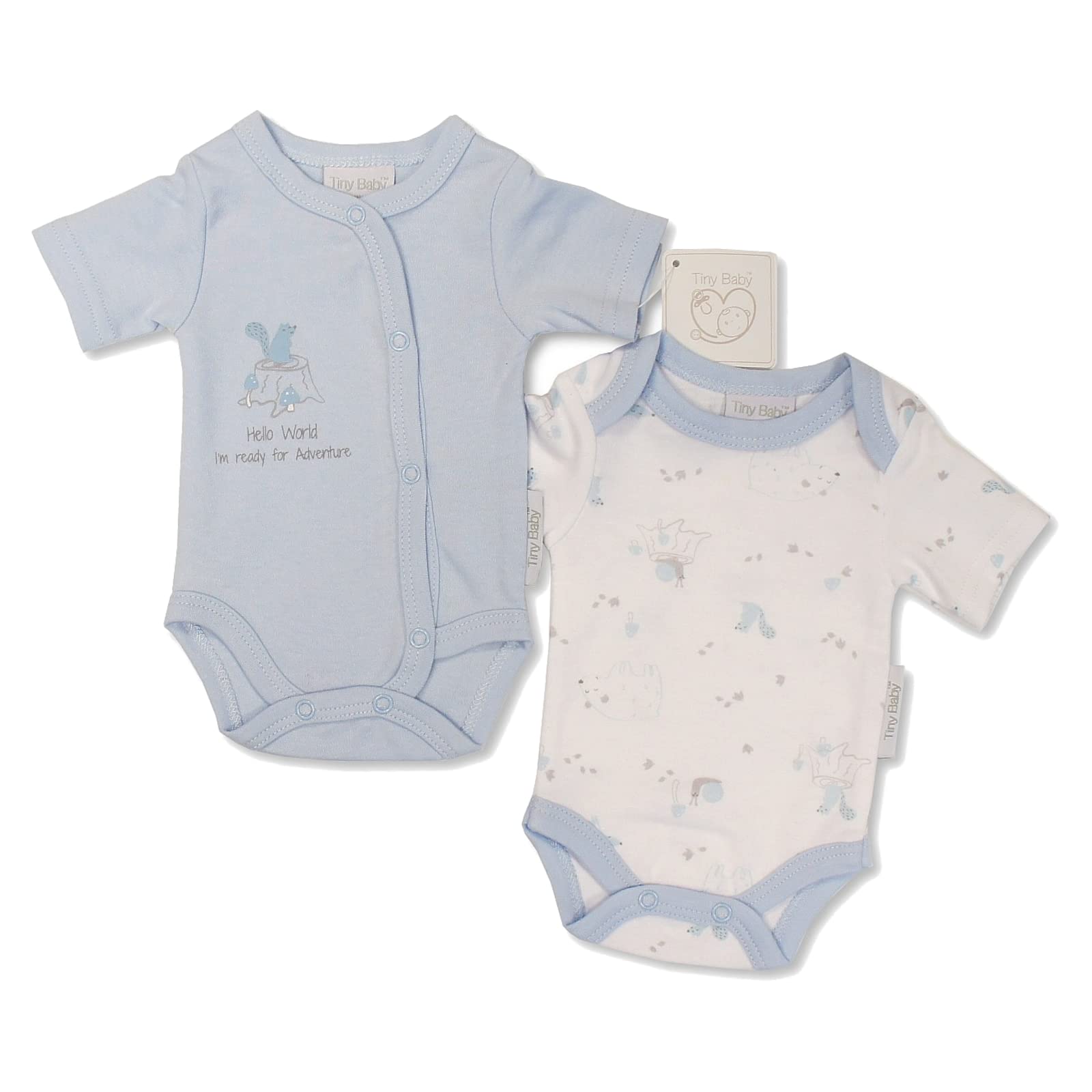 Premature Baby Bodysuits - 2 Pack, Short Sleeve, 100% Cotton, Popper Fastening, Blue, 5-8lbs