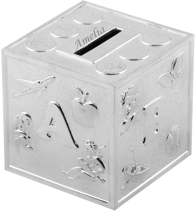 Silver Plated Christening Money Box Cube ABC Building Block Home & Kitchen