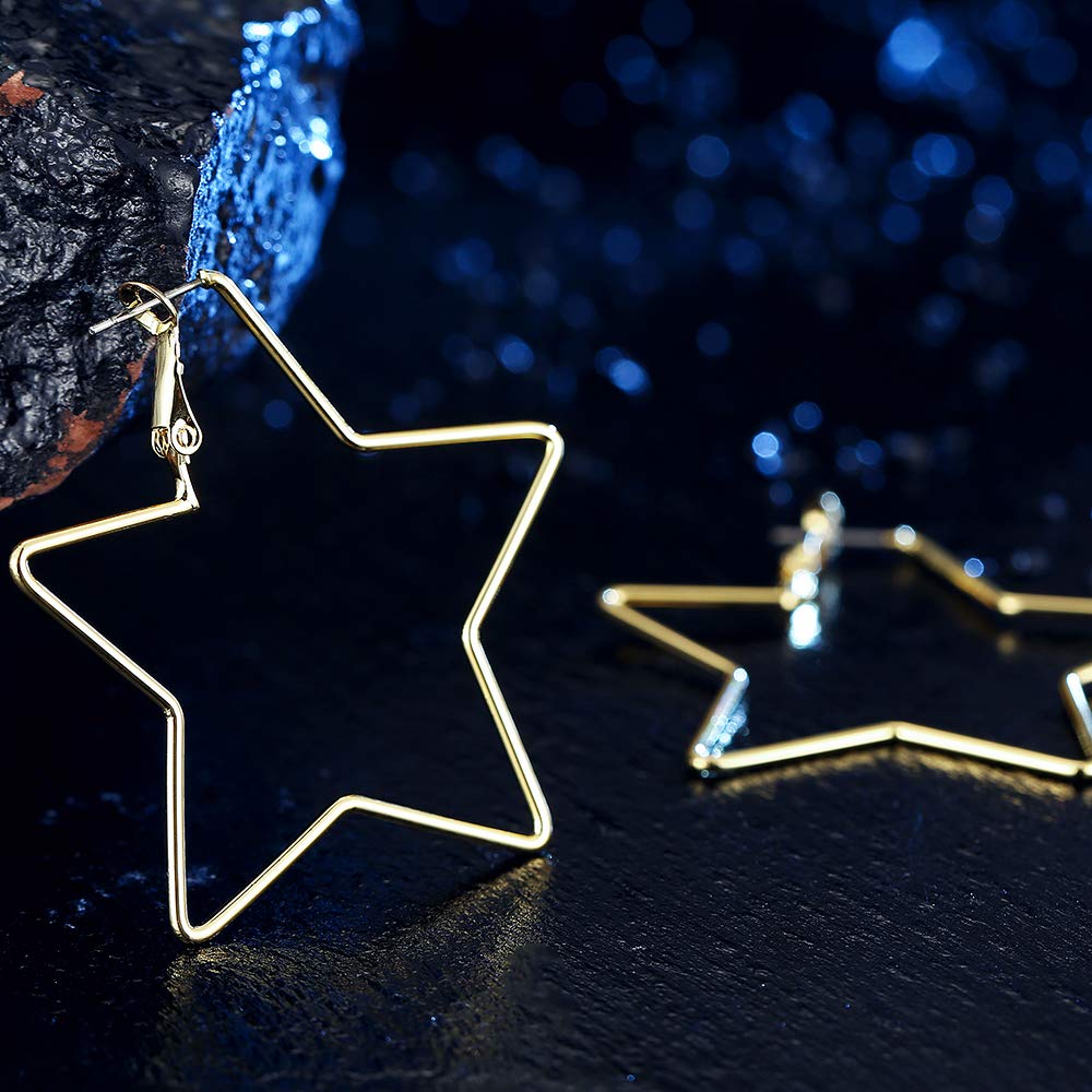 dnswez 14K Gold Plate Pentagram Hoop Earrings Five-pointed Star Brass Statement Earring for Girl Women