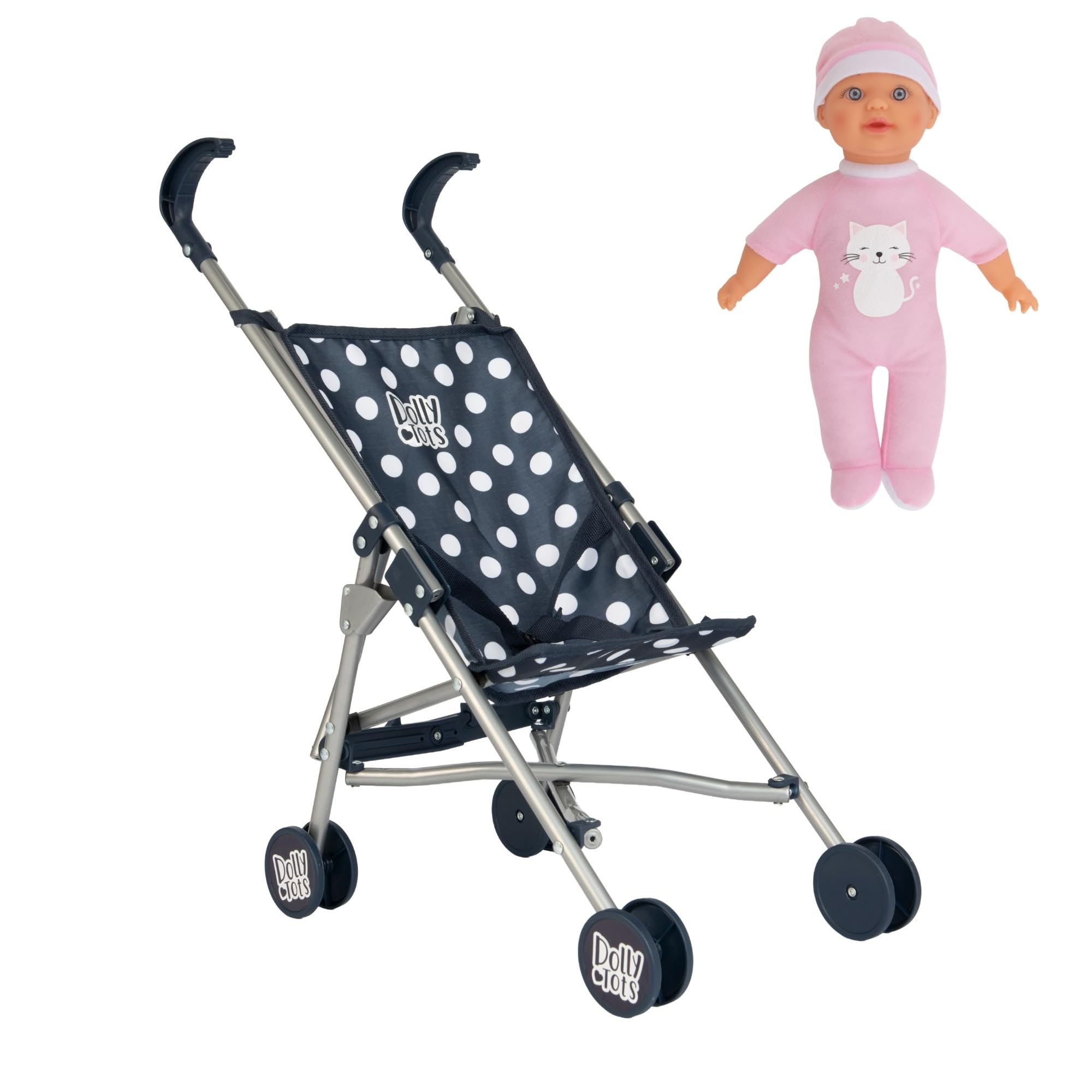 Dolly Tots Navy Single Stroller & Doll | Toy Dolls Buggy | Baby Doll Pushchair | Childrens Baby Doll Stroller Toy Umbrella Fold Stroller | Includes Matching Doll | Dolls Buggy Pushchair | Ages 2+