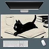 Uniqcasa Gaming Mouse Pad XXL Extended Anime Mouse Pad 31.5x15.7inch, Large Cute Kawaii Big Computer Mouse Mat Desk Pad Home Office-Black Reading Cat
