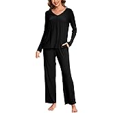 GYS Womens Pajama Sets Viscose from Bamboo Long Sleeve Pleated Tops and Lounge Pants with Pockets Soft Knit Sleepwear Pjs