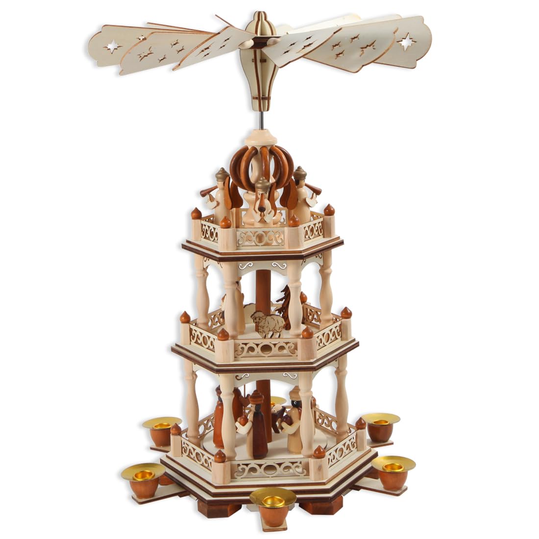 Photo 1 of 17 Inch Wooden Christmas Pyramid with 6 Candle Holders - Nativity Set for Christmas Tree - Holiday Decoration Carousel