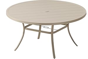 VOXBIN Patio Dining Table for 6-8, Round Metal Outdoor Table with 1.57" Umbrella Hole, 53" Outdoor Slat Tabletop Dining Table for Backyard, Porch, Lawn, Sand