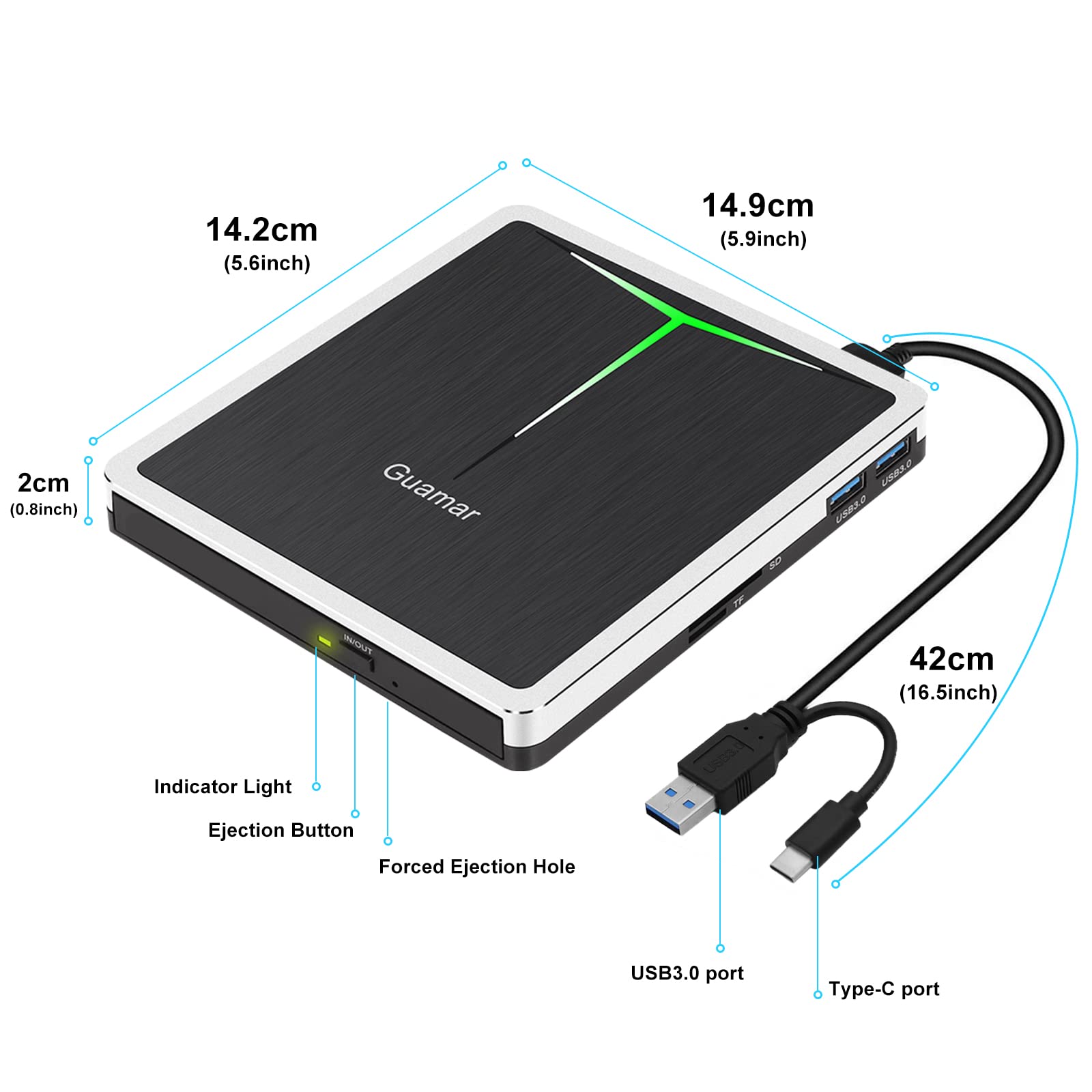 Guamar External DVD Drive for PC: USB-C CD Burner Player for Laptop Mac Windows 11 with SD/TF Slot/2 USB Ports/Carrying Case Read Write Music/Movie/Photo Portable Plug & Play