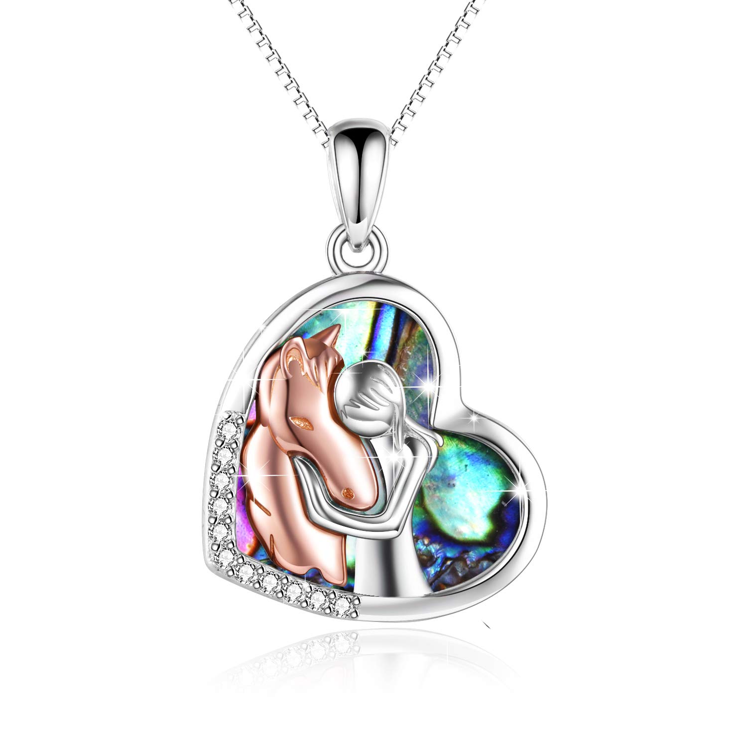 YFN Sterling Silver Horse with Girls Pendant Necklace Nature Abalone Shell Jewelry Gift for Women