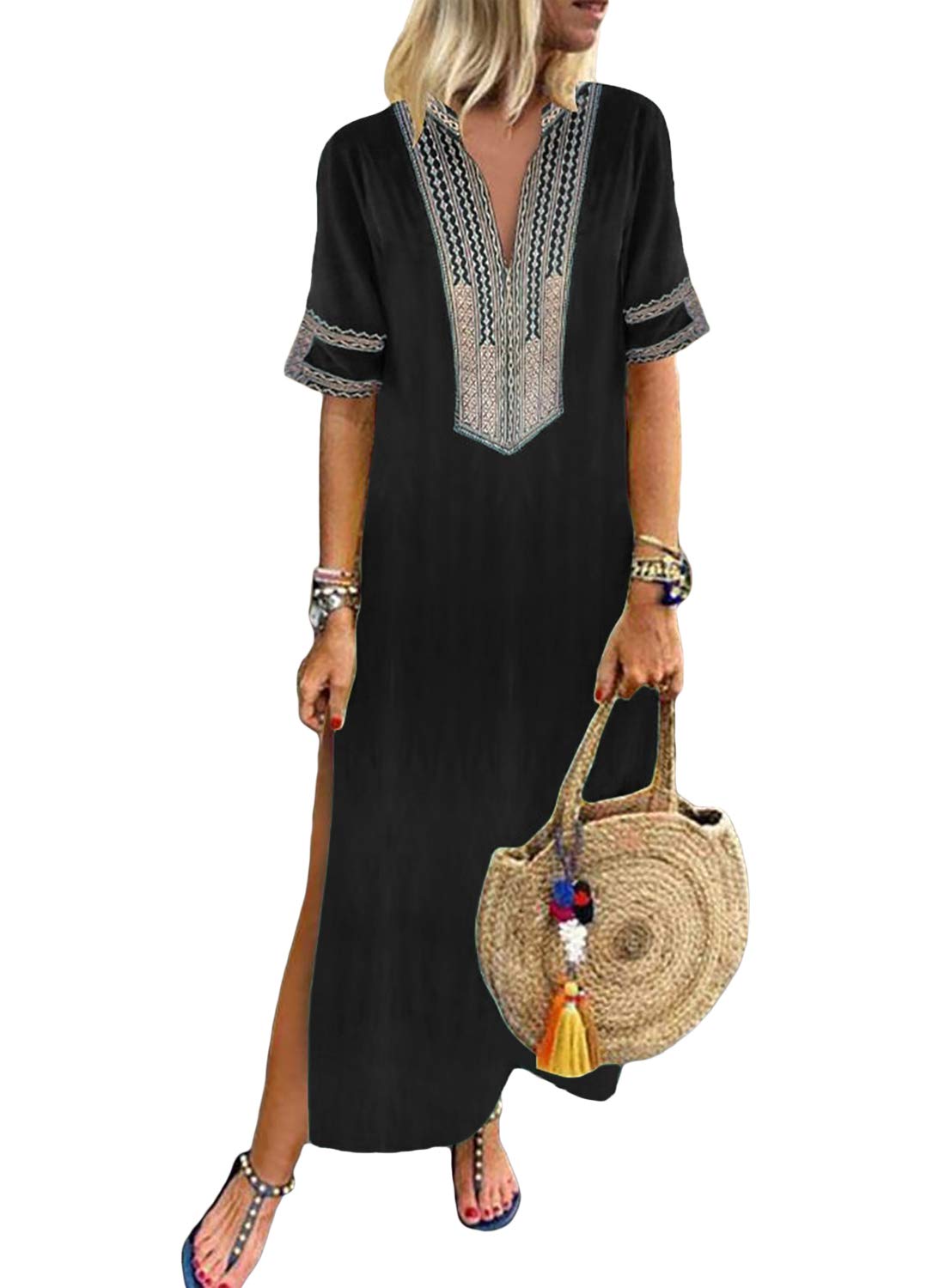 Sidefeel Women Short Sleeve Slit Summer Maxi Long Dress Beach Kaftan