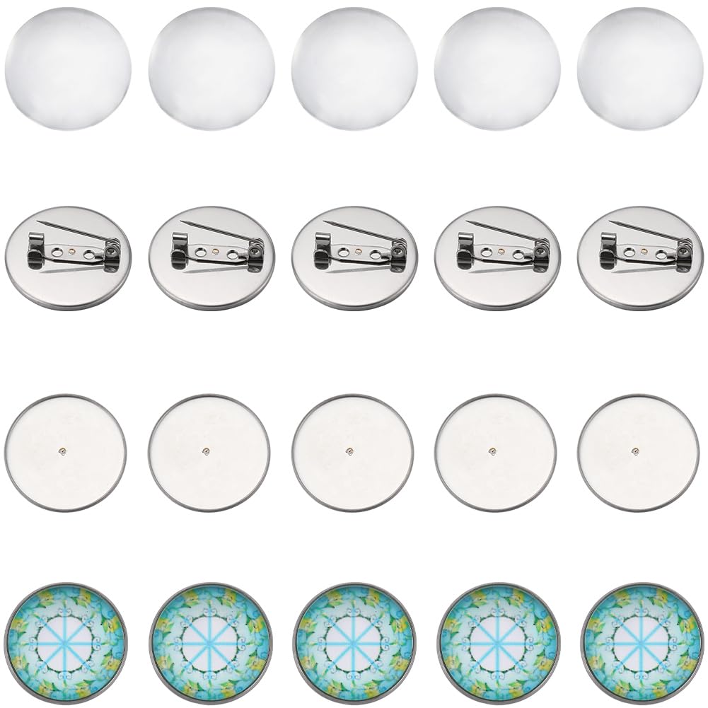 SUNNYCLUE 1 Box 40Pcs Stainless Steel Brooch Tray Base Blank Cabochon Brooches Making Kit 20Pcs 20mm Flat Round Trays 20Pcs Clear Glass Cabochons Brooch Clasps Pin Disk Base for Jewellery Making Kits