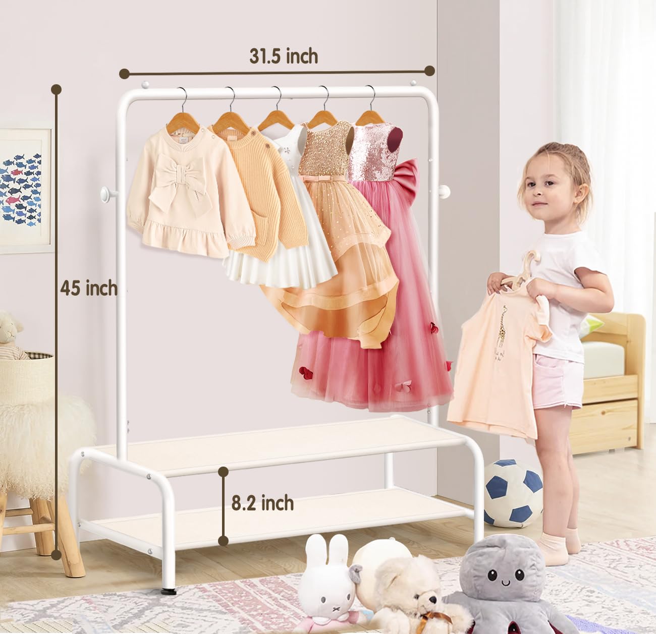 Kids Clothing Rack - Dress Up Clothes Rack - Baby Toddler Closet - Mini Freestanding Coat Racks with 2 Fabric Shelves - Small Kids Costume Wardrobe - Garment Rack for Hanging Clothes Organizer