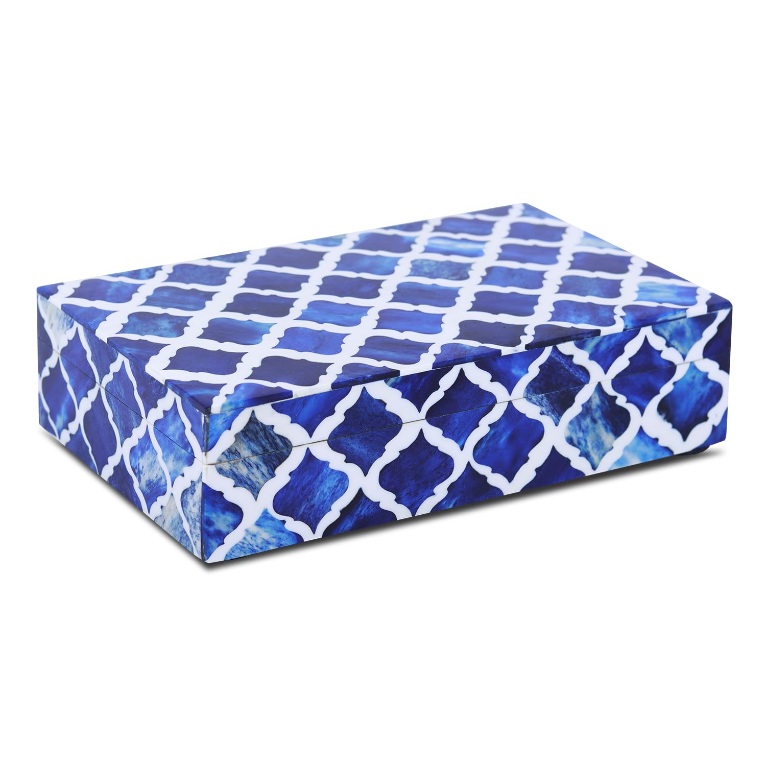 Handicrafts Home Small Decorative Storage Box with Lid, Moroccan Jewelry Keepsake Trinket Box Organizer, Wooden Coffee Table Dresser Storage Box, Blue, 8 x 5 x 2 Inch, Moroccan Collection