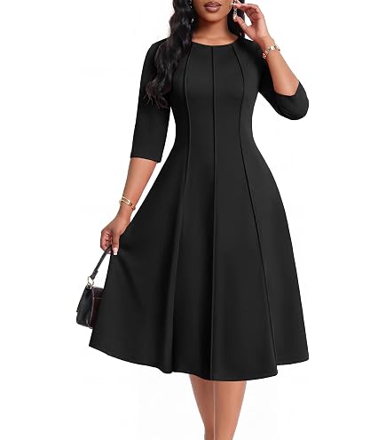 fit and flare midi dress with 3 4 sleeves FANDEE Women's Church Dress, 3/4 Sleeve A-Line Work Dresses Pockets at Amazon Women's Clothing store Contemporary Signature Twill Slim It Features A Classic KYLIE-JENNER Color:White/Navy Print