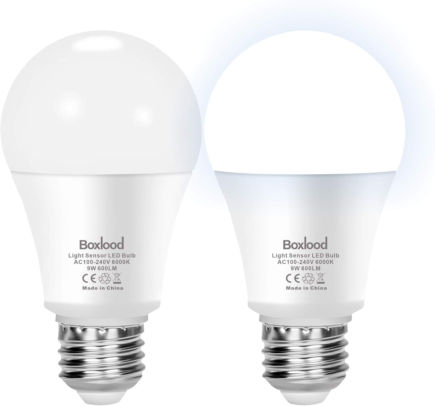 Boxlood Dawn Till Dusk Light Bulbs, 9W 60Watt Equivalent E27 Light Sensor LED Bulbs, Daylight 6000K, Smart Automatic On/Off