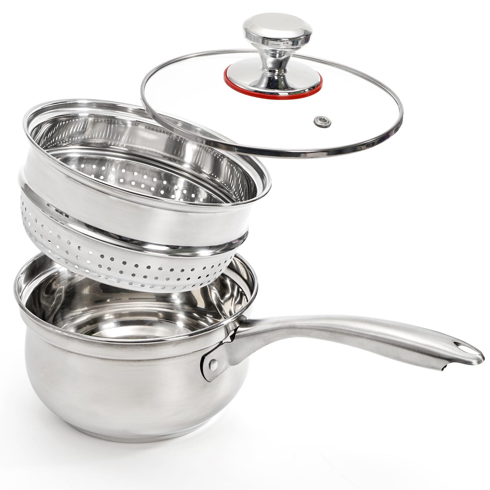 Photo 1 of Peohud 1.5 Qt Stainless Steel Saucepan with Lid, Tri-ply Steamer Pot with Basket, Small Sauce Pot for Cooking Gravies, Jam, Pasta, Ramen, Vegetable, Dishwasher Safe