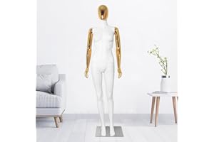 YumHome Female Mannequin Full Body White Body Gold Head Gold Hands Dress Form Sewing Manikin 70 Inch Poseable Mannequin with Stand Realistic Mannequin Clothing Form Metal Base Connector