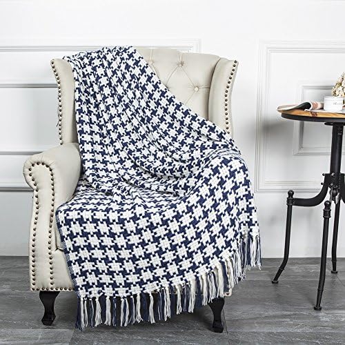 Chunky Basketwave Plaid Throw-Plaid Bedspread Blanket Picnic Tailgate Stadium RV Glamping Camping Blanket Throw with Fringe 50" W x 67" L (Dark Blue/White)