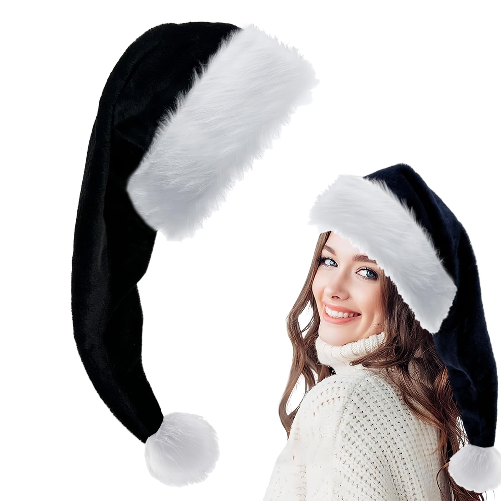 Extra Long Black Santa Hat Christmas Hats 30*75cm for Kids,Adults,Classic Xmas Hat Plush Santa Claus Hat,Unisex Velvet Father Christmas Hat Costume,Christmas Party Hat Cap for Xmas New Year Party