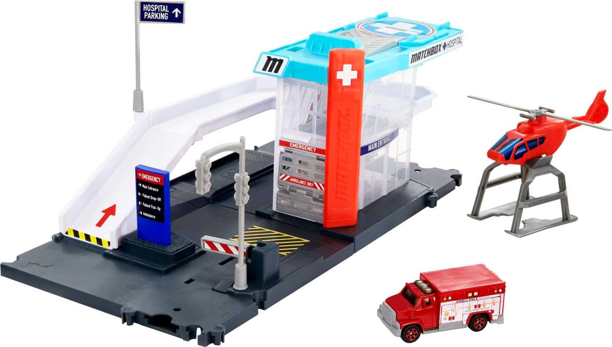 Matchbox Action Drivers Matchbox Helicopter Rescue Playset for Kids 3 Years Old & Up, with 1 1:64 Ambulance, Helicopter with Free-Spinning Propeller & Car-Carrier, GVY83