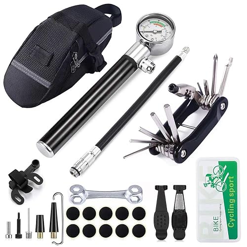 YBEKI Bike Repair Tool Kit - Bicycle Tool Kit Set With Reversible Drive Ratchet tool, Chain Tool Bike Tire Tool Pedal wrench, etc. 6 months warranty YBEKI Bike Tyre Repair Tool Kit - Bicycle Tool kit with 210 Psi