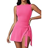 Dokuritu Tennis Dresses for Women Sleeveless Crew Neck Knot Romper Built in Shorts U-Shaped Back Workout Athletic Dress