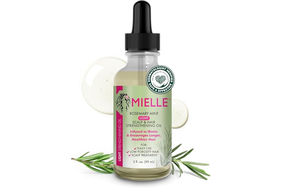 Mielle Organics Rosemary & Mint Light Hair Oil, Split Ends & Dry Scalp Treatment – Infused with Biotin & Essential Oils for Strengthening, Soothing, Moisturizing & Encouraging Longer Hair (2 Oz)