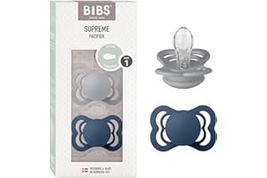 BIBS Supreme Baby Pacifier 2-Pack | Made in Denmark | BPA Free Dummy Soother, Symmetrical Nipple. Silicone, Size 1 (0-6 Months), Cloud/Steel Blue