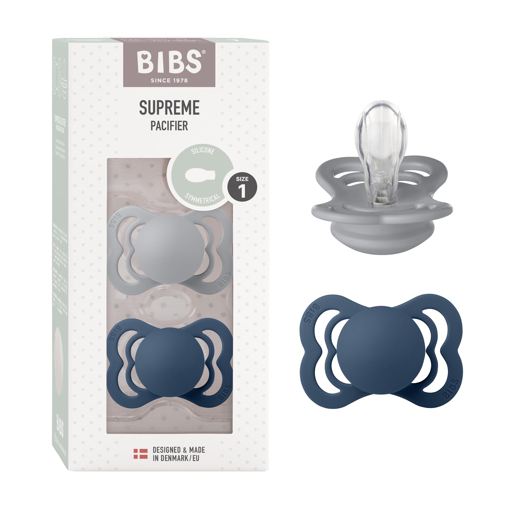 Photo 1 of **Only one** BIBS Supreme Baby Pacifier 2-Pack | Made in Denmark | BPA Free Dummy Soother, Symmetrical Nipple. Silicone, Size 1 (0-6 Months), Cloud/Steel Blue