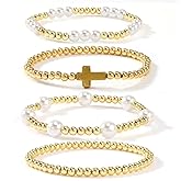 Bohxantium Gold Beaded Bracelets Stack for Women Stackable Stretch Boho 14K Gold Plated Beads Ball Pearl Cross Bracelet Set Trendy Jewelry Accessories Prom Birthday Friendship Christian Gift for Women