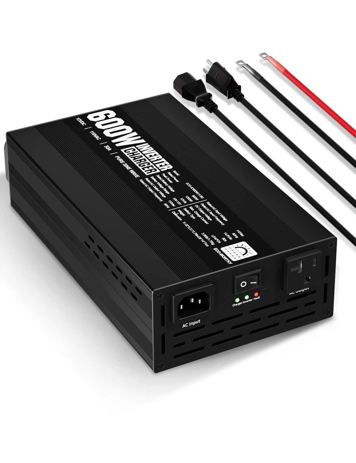 Photo 1 of ECO-WORTHY 600W Inverter Charger, 600W Pure Sine Wave Inverter & 30A LiFePO4 Battery Charger with 20ms UPS, DC 12V to AC 110V, Output Surge 1200W, for RV Lithium Batteries Roadtrip Essentials